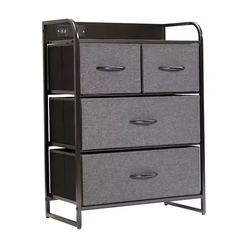 Emma and Oliver Nightstand with 4 Fabric Drawers, Charging Station with 2 USB Ports/Power Outlet, Engineered Wood Top, Wood Handles, Metal Frame