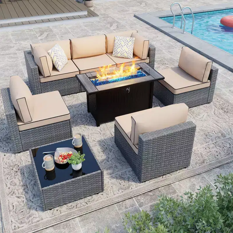 Celebalcony 8-Piece Patio Furniture Set with 45 Fire Pit Table,Outdoor Sectional Conversation Set Wicker Rattan Sofa Set with Coffee Table
