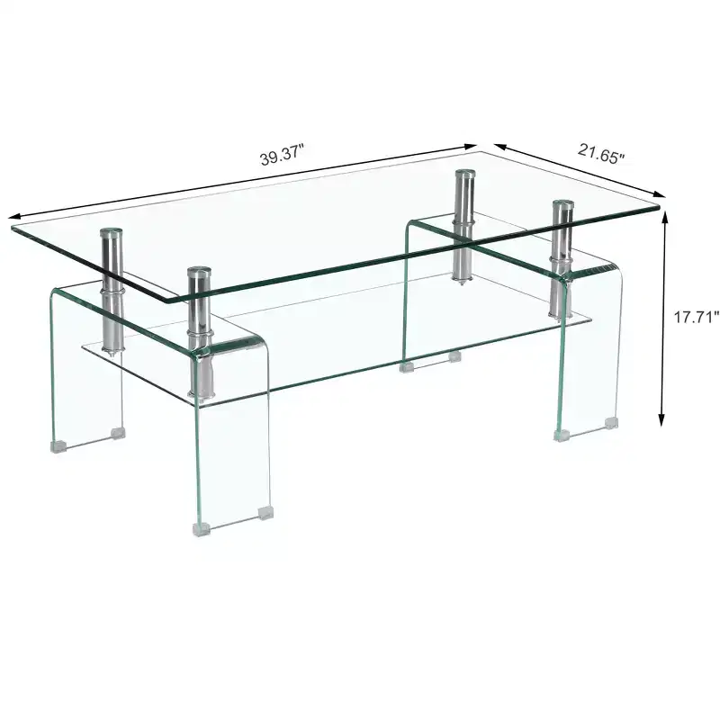 Rectangular Clear Glass Coffee Table, 2-Tier Modern Center Table with Storage for Living Room