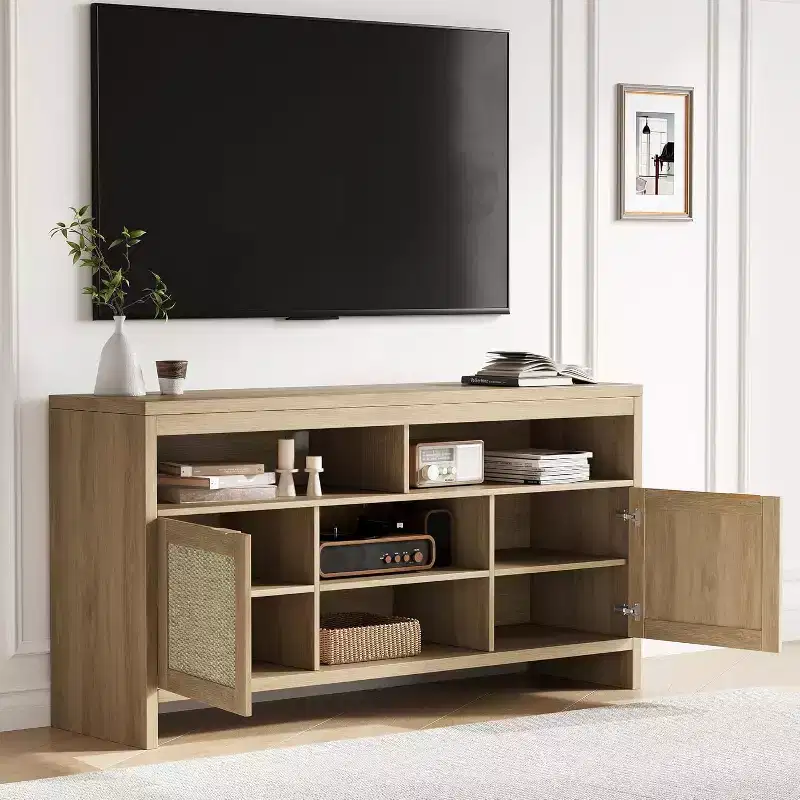 Modern Rattan TV Console 58 Inch Media Cabinet with 4 Open Drawers, 2 Doors, Adjustable Shelves, Storage Cabinet for TV up to 65 Inches