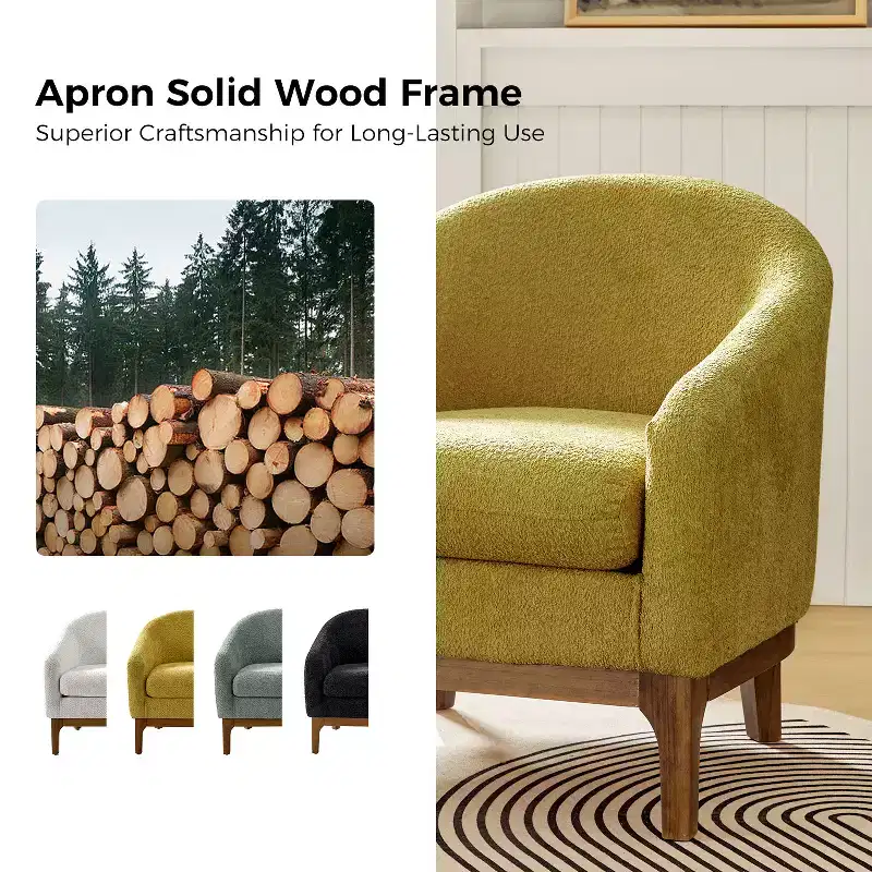 Boucle Barrel Armchair Set of 2 Solid Wood Legs High-Density Foam Dual-Sided Cushion
