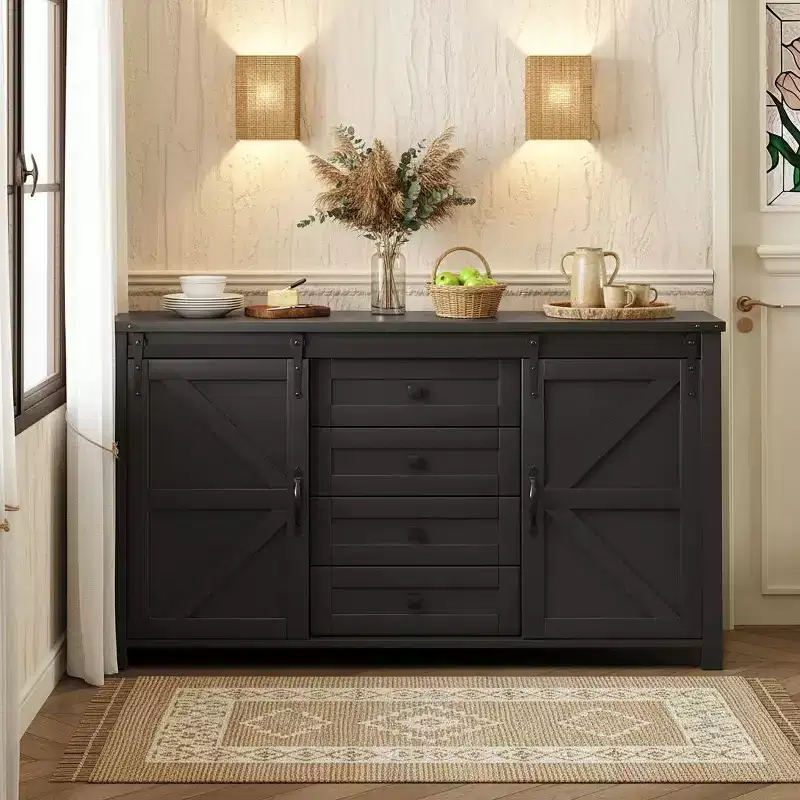 Modern Farmhouse Sideboard Buffet with Sliding Barn Doors, 4 Drawers, Built-in Power Outlet
