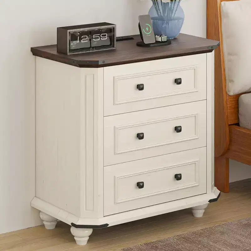 Nightstand with 3 Drawers Bedside Table Small Dresser for Bedroom Rustic White