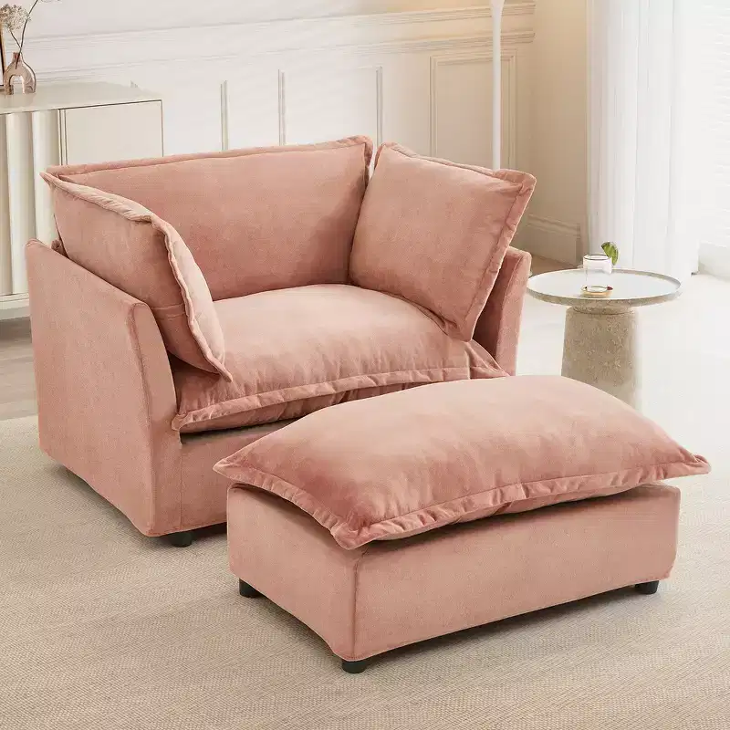 Chenille Armchair with Movable Ottoman, Wide Seat & Curved Armrests