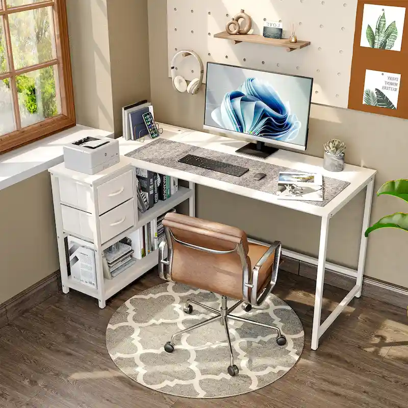 L-Shaped Desk with Drawers, Storage Shelves and Charging Station