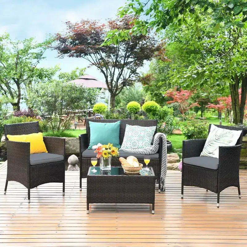 Costway 4PCS Outdoor Patio Rattan Furniture Set Table Shelf Sofa W/ Turquoise/Red/Gray Cushion