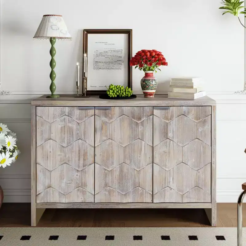 Farmhouse Accent Sideboard Cabinet with Carved Doors & Divided Storage