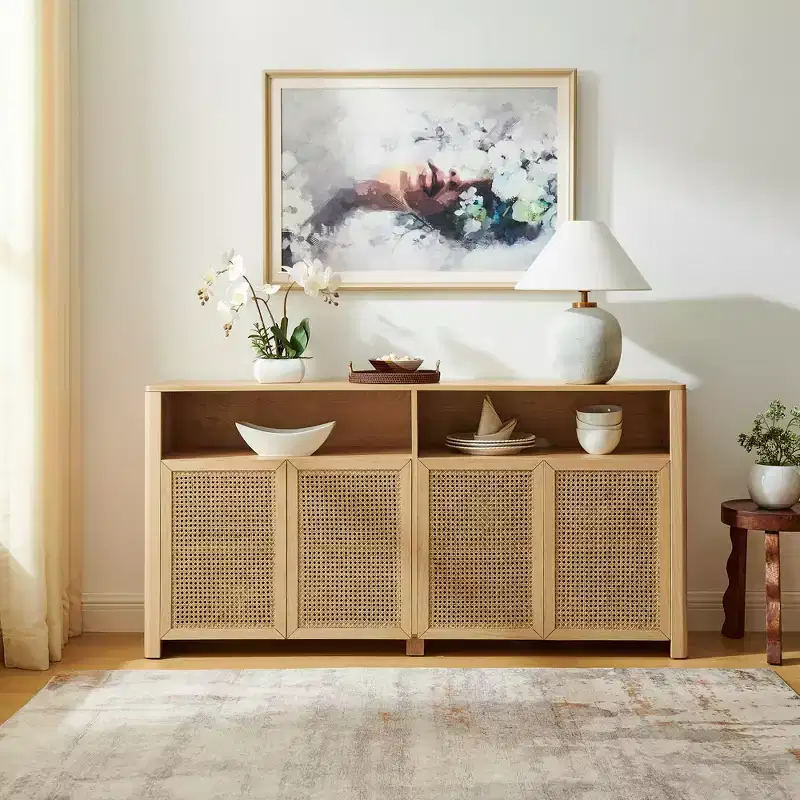 JVNOXK 63-inch Mid-Century Modern Rattan Sideboard with Storage, Natural-Toned Media Cabinet and Coffee Bar, for the Living Room