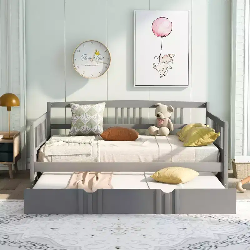 Bellemave Full Bed with Twin Trundle, Wood Platform Bed Frame with Fence Guardrails, Daybed for Bedroom/Living Room, No Box Spring, Gray