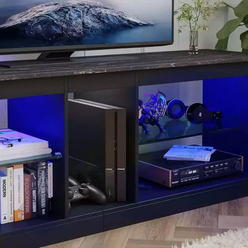 Particle Board TV Stand with Glass Shelves 18.5''H x 55.12''W x 13.78''D