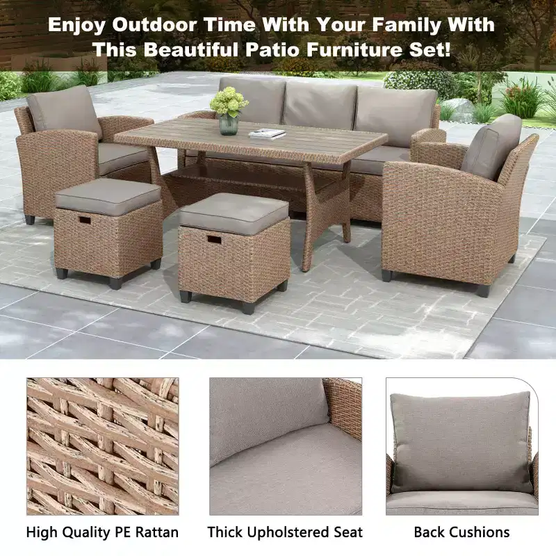 Chic Crate-Rustic Outdoor Wicker Set  6-Piece Patio Furniture w/ Rattan Sofa, Chairs & Table | Natural Finish | Multi-Room