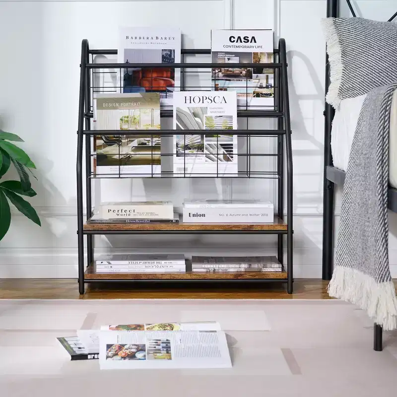 2-Tier Metal Frame Freestanding Bookshelf & Magazine Rack for Small Spaces