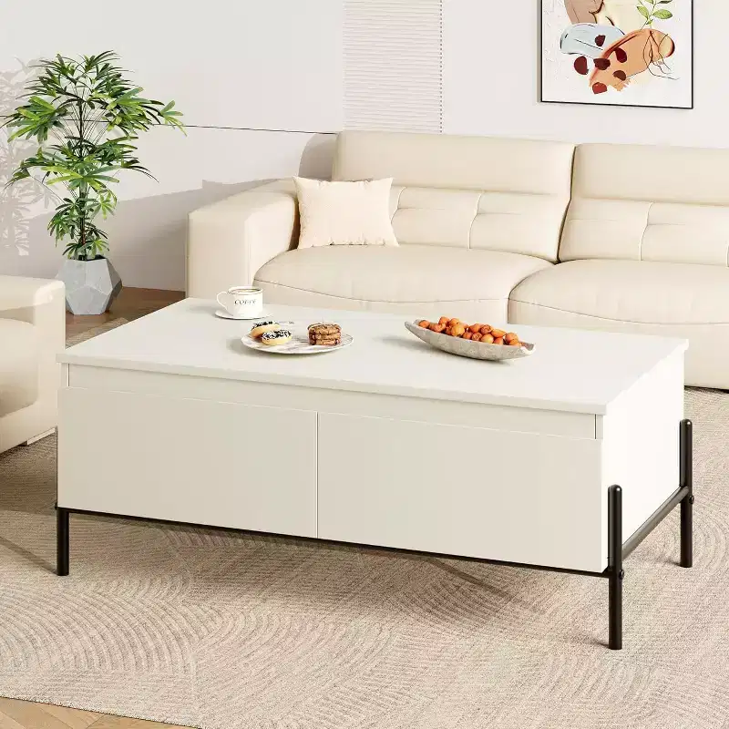 Modern White Coffee Table with Drawers & Back Open Shelf for Living Room, Office, Bedroom