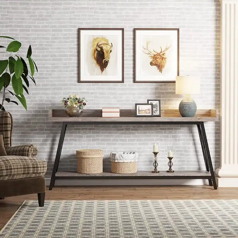 70.9 inch Long Entryway Table, Narrow Sofa Console Table Behind Couch Brown