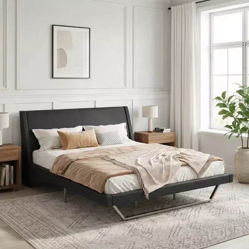Queen/King Size Upholstered Bed Frame Pu Leather Platform Bed Frame with Trapezoidal-Shaped Leg - ModernLuxe