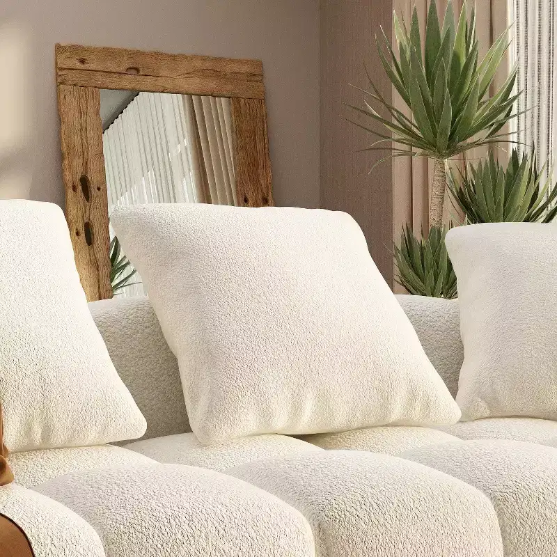 100.8W Modern 4-Seat White Teddy Velvet Sofa with Solid Wood Base