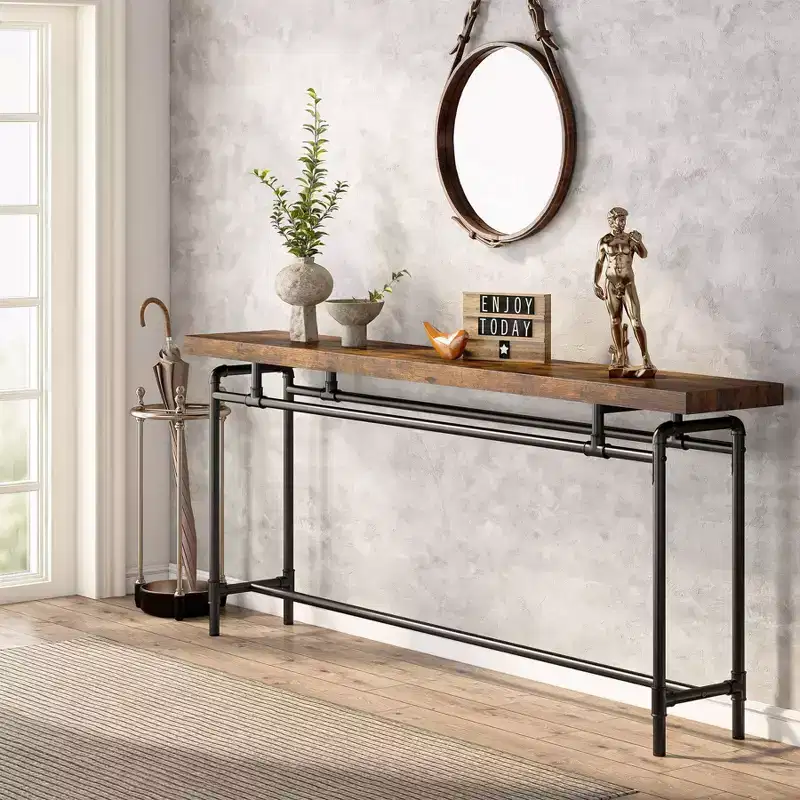 LITTLE TREE 70.9" Industrial Extra Long Console Sofa Table Brown/Black