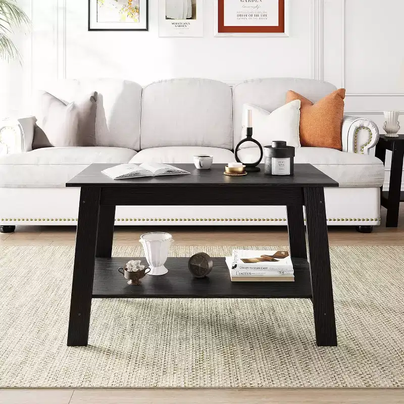 Farmhouse Wood Coffee Table with 2 Storage Shelves – Modern Small Space Design