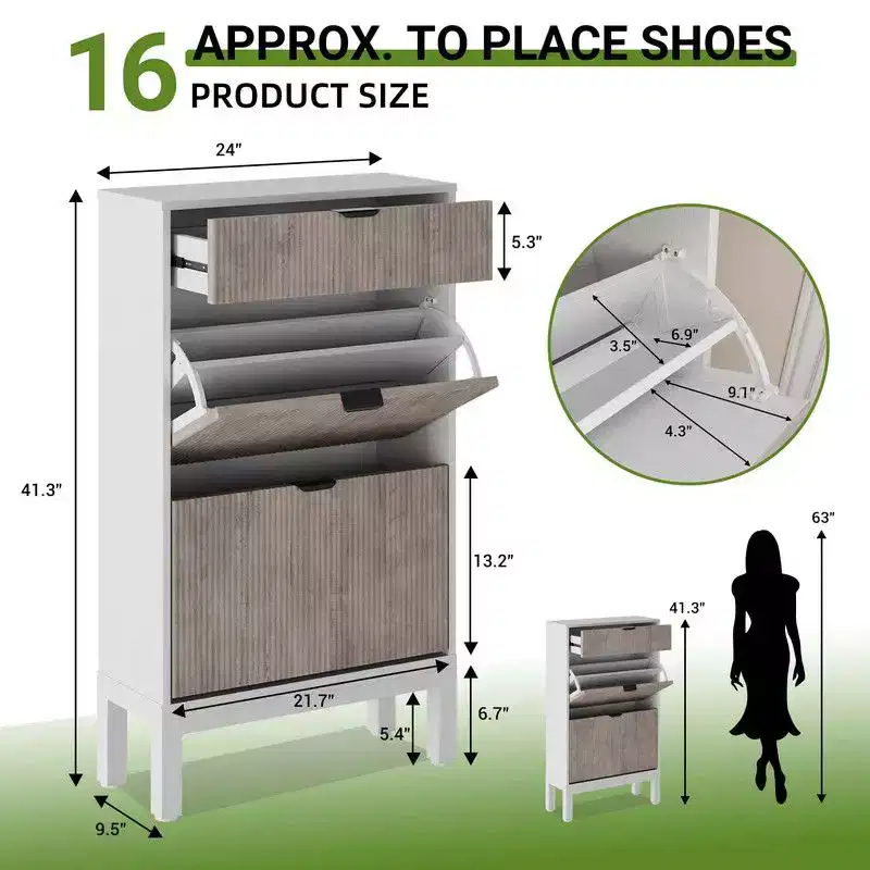 Shoe Storage Cabinet with 2 Flip Drawers, Entrance Wooden Shoe Rack with Iron Legs