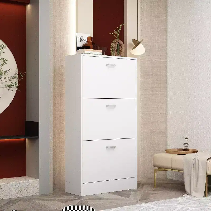 White Tipping Shoe Cabinet with 3 Flip Drawers, Minimalist Lightweight Design