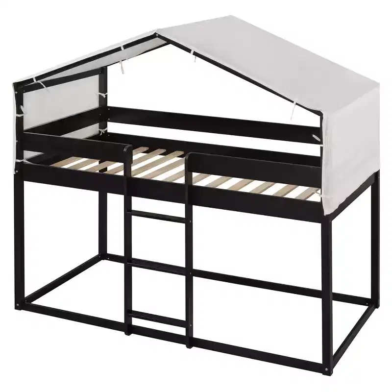 CLIHOME Rustic Twin Over Twin Wood Bunk Bed Frame with Tent and Ladder