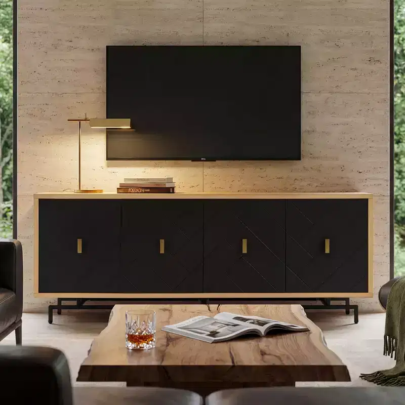 74 Modern Black TV Stand for Entertainment Center, Large Media Console with 4 Cable Management Ports, Metal Base for Living Room