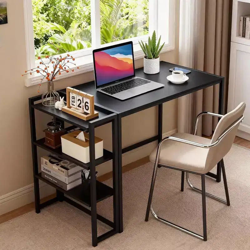 35 Inch Folding Computer Desk with Storage Shelf | No Assembly Space-Saving Table | For Home Office, Bedroom, Dorm, Apartment