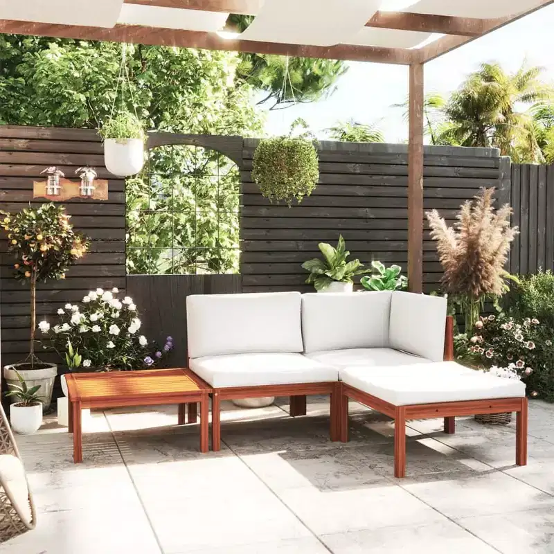 vidaXL Solid Acacia Wood 4-Piece Patio Lounge Set, Durably Constructed and Weather-Resistant with Cream Cushions for Ultimate Comfort