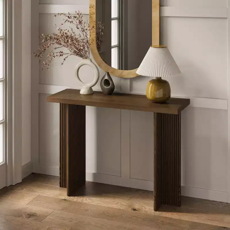 Fluted Console Table with Oak Wood Grain Top - Narrow Entryway Table, Mid-Century Modern Design