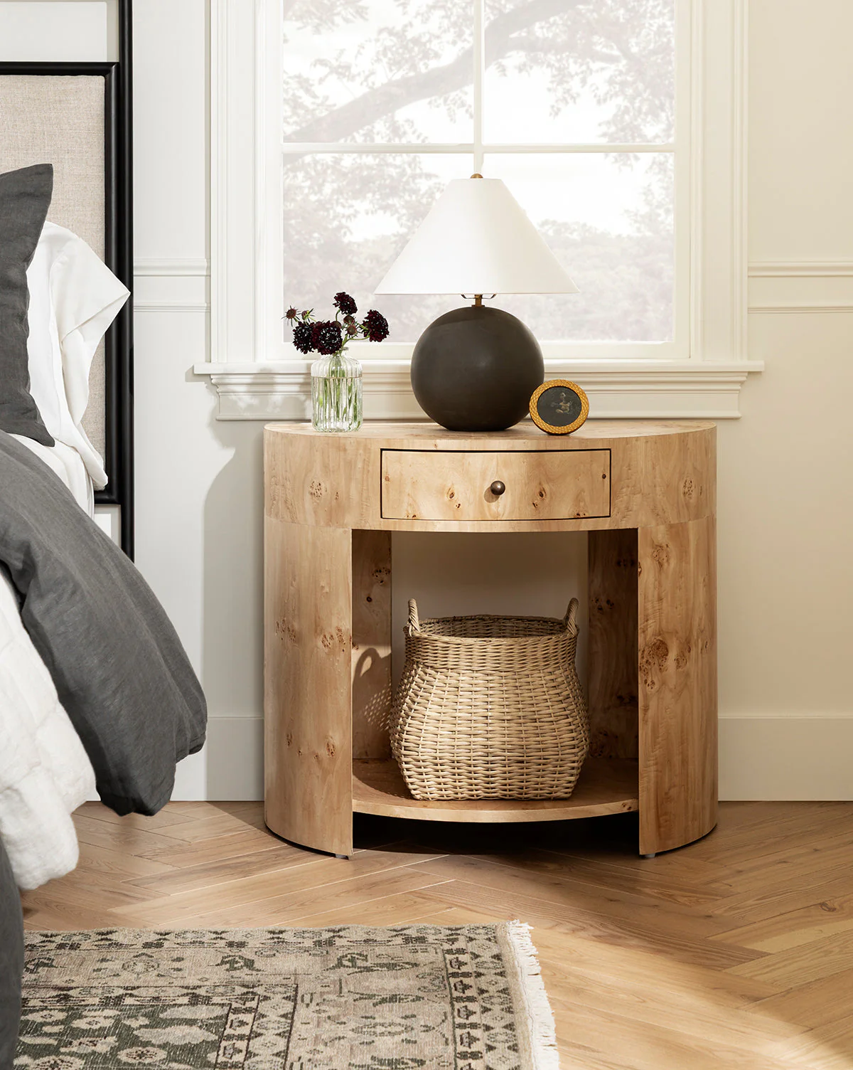 Modern Burl Veneer Nightstand with Brass Knob & Half-Moon Shape for Bedroom