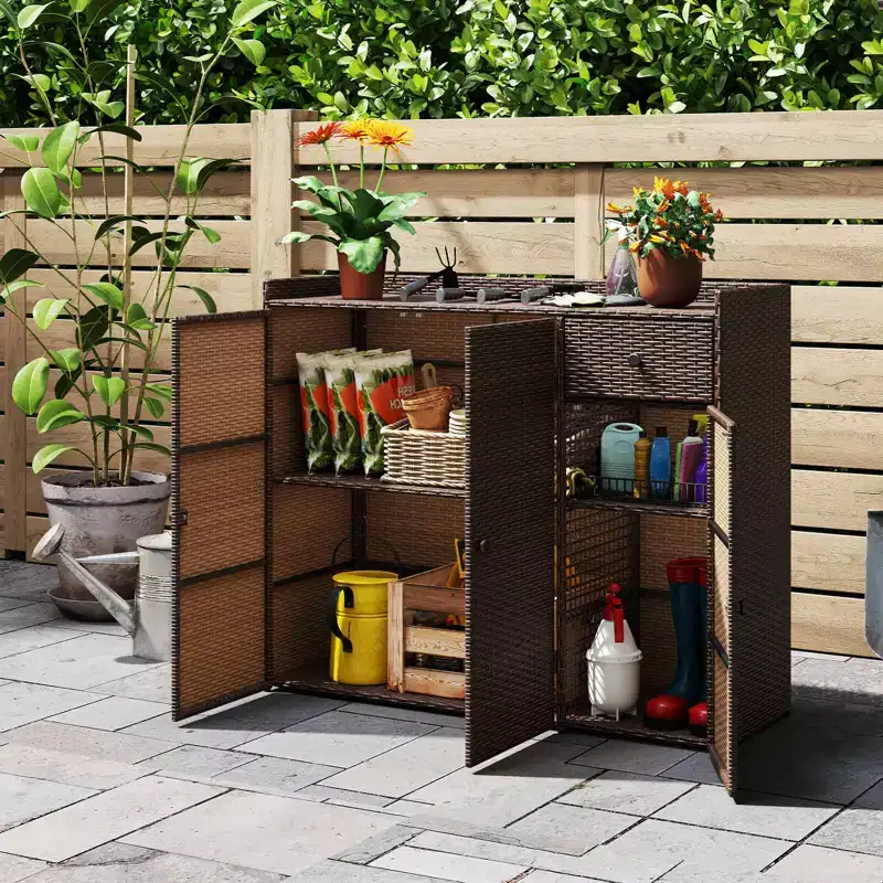 Costway Outdoor PE Wicker Storage Cabinet with 3 Doors Adjustable Shelves and Drawer