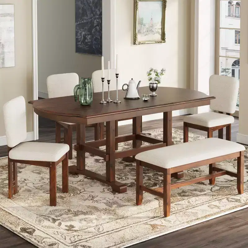ModernLuxe 6 Piece Extendable Dining Table Set for 6, Traditional Dining Set Kitchen Table Set with 4 Upholstered Dining Chair & Bench, Espresso+Beige