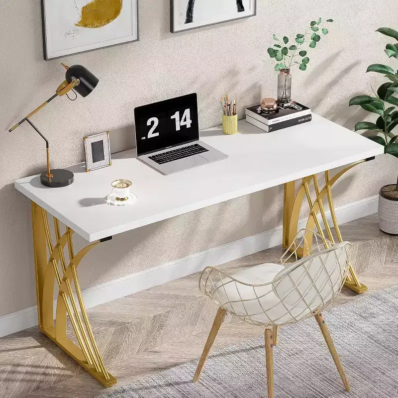 Lantine 55-Inch Large Modern Computer Desk, White & Gold Luxury Laptop PC and Makeup Vanity Table with Thick Frame for Home and Office