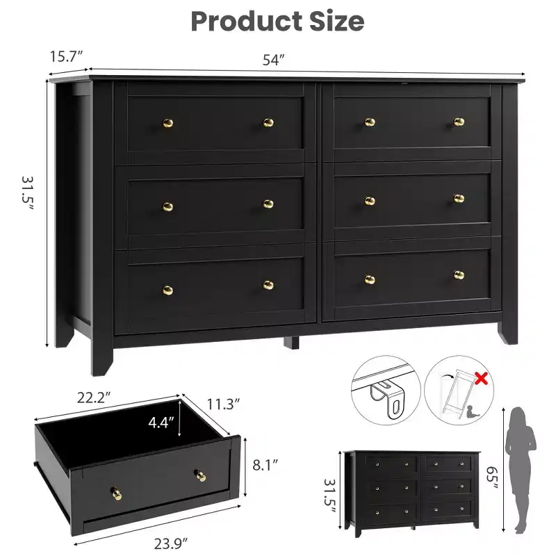 6 Drawer Dresser for Bedroom, 54W Wooden Chest of Drawers with Metal Knobs, Clothes Storage Organizer, Dresser TV Stand for Entryway, Bedroom
