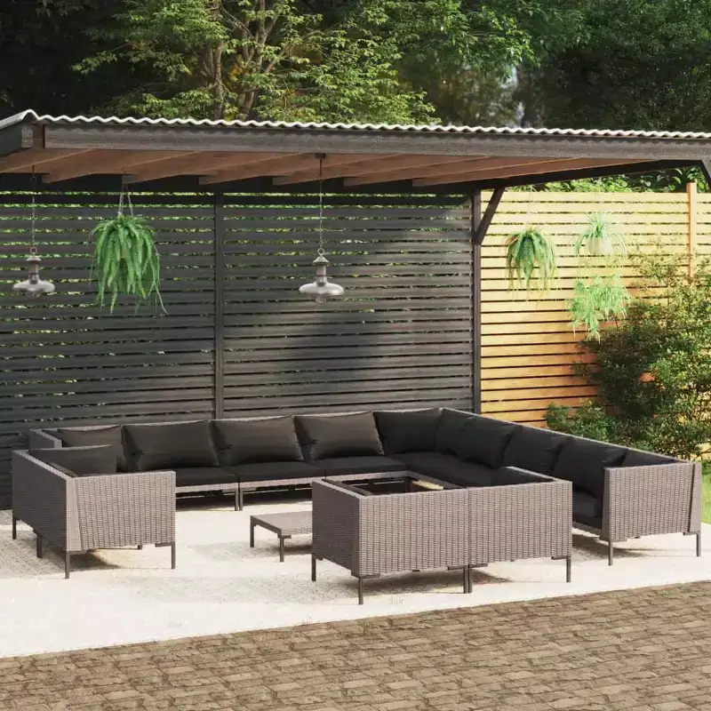 vidaXL Patio Lounge Set 14 Piece Outdoor Sectional Sofa Dark Gray Poly Rattan with Cushions for Garden/Patio/Deck