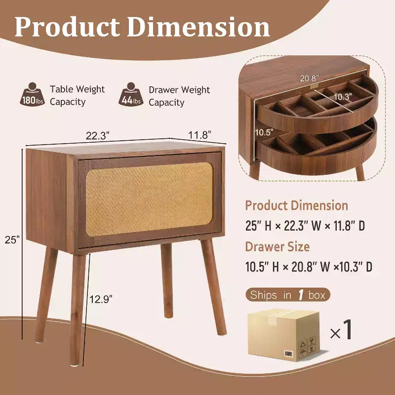 Beige Rattan Rotating Nightstand with Hidden Compartments, Single
