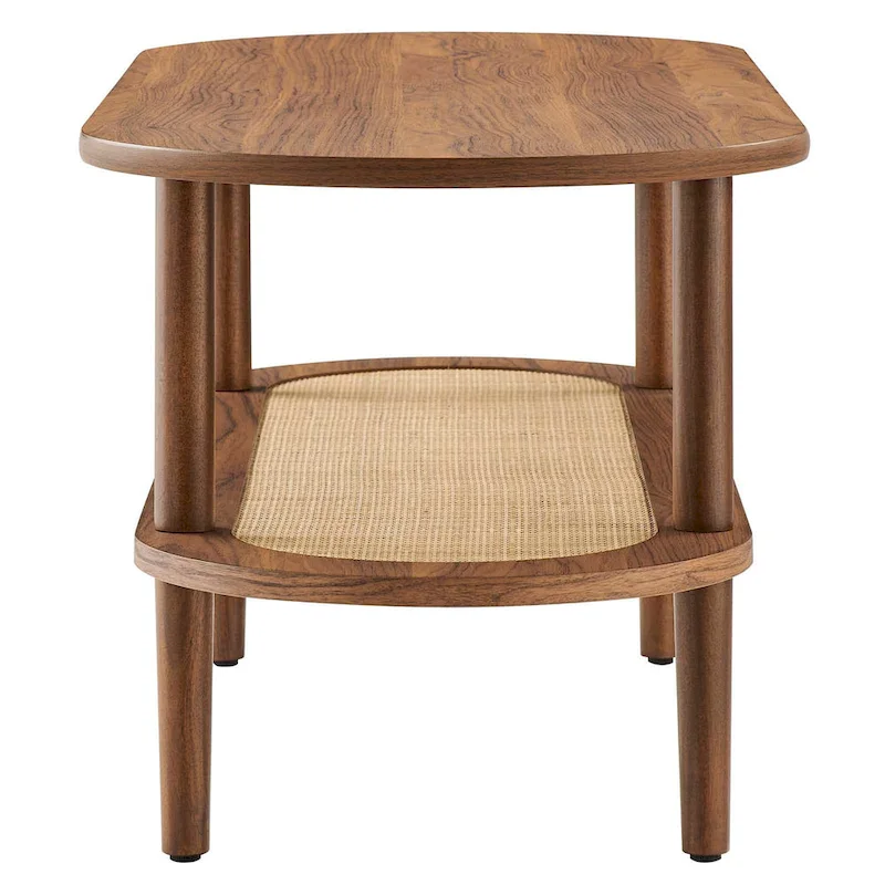 Modern Walnut Oval Coffee Table with Lower Storage Shelf and Wood Legs