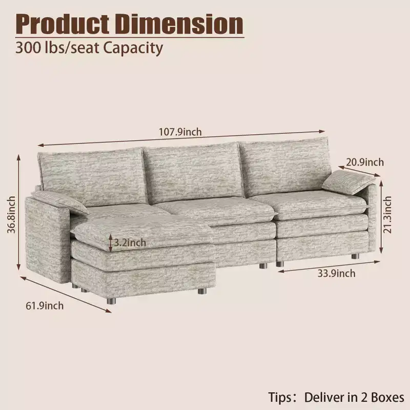 108 Modular Sectional Couch with Ottoman, Modern Comfy Cloud Couch, Chenille L Shaped Modular Sofa Deep Seat,Extra Large Sectional Sofa for Apartment