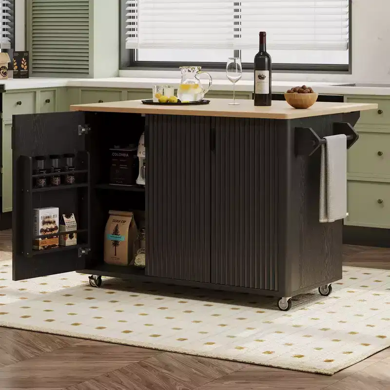 Whisen 51 Fluted Drop Leaf Kitchen Island & Farmhouse Rolling Cart with Internal Storage Rack, Towel Rack
