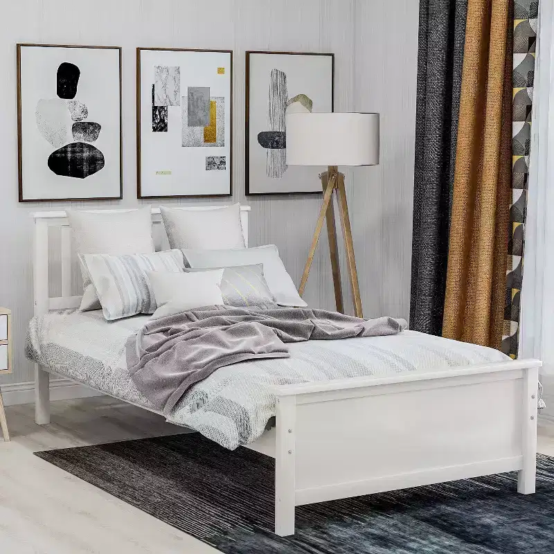 Twin Size Wood Platform Bed with Headboard Footboard and Wood Slat Support White
