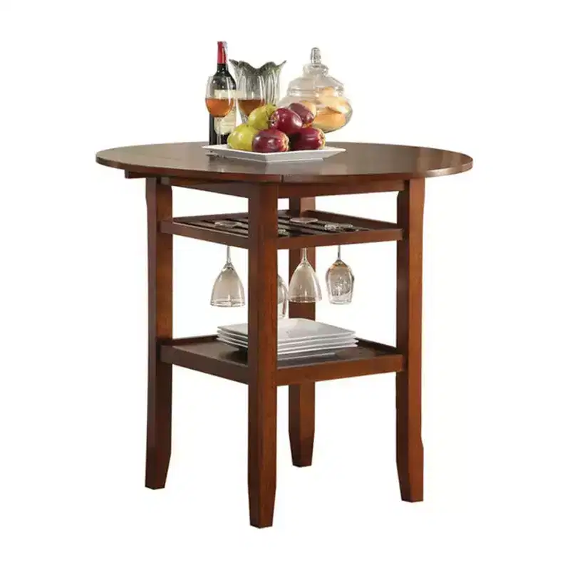 Royal Hampton Round Top Wooden Counter Table with Stemware Rack and 2 Drop Leaves, Brown