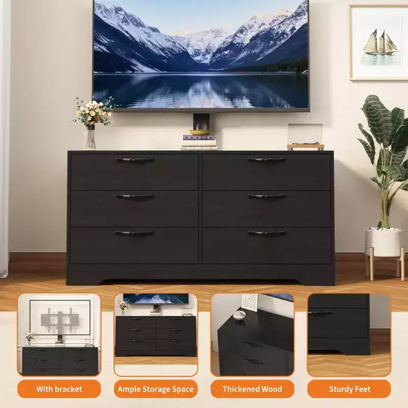 6-Drawer Wood TV Cabinet with Adjustable Mount for 75 TV, Spacious Media Storage Chest, Bedroom Dresser for Living Room & Office