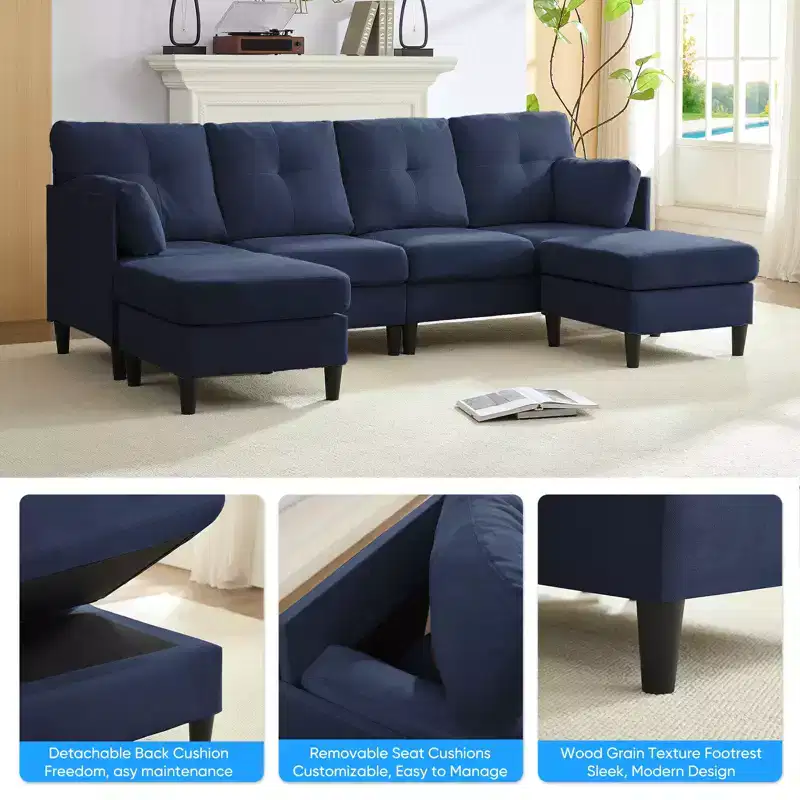 Mjkone Modular Convertible Sectional Sofa Couch, Upholstered Comfy Fabric 4-Seater Sofa with Movable Ottomans