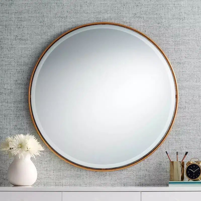 Uttermost Round Vanity Decorative Wall Mirror Vintage Beveled Edge Antiqued Gold Leaf Iron Frame 34 Wide for Bathroom Bedroom Living Room Home House