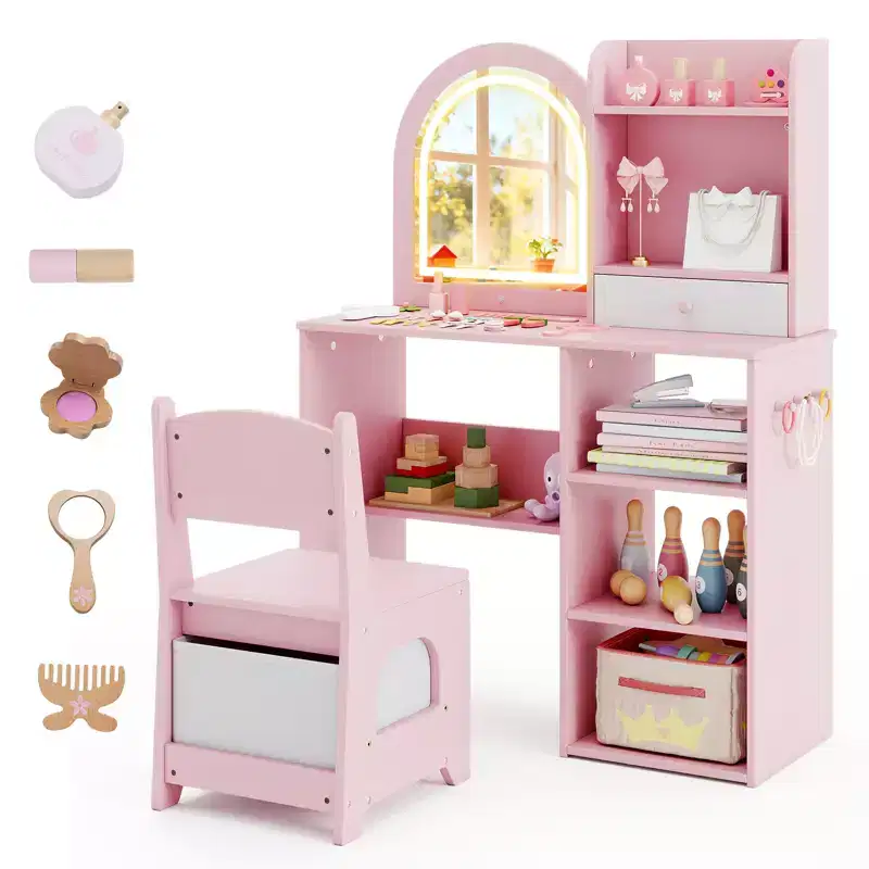 Kids Vanity Set Princess Girls Makeup Vanity Desk w/ 3-Color LED Lighted Mirror Pink