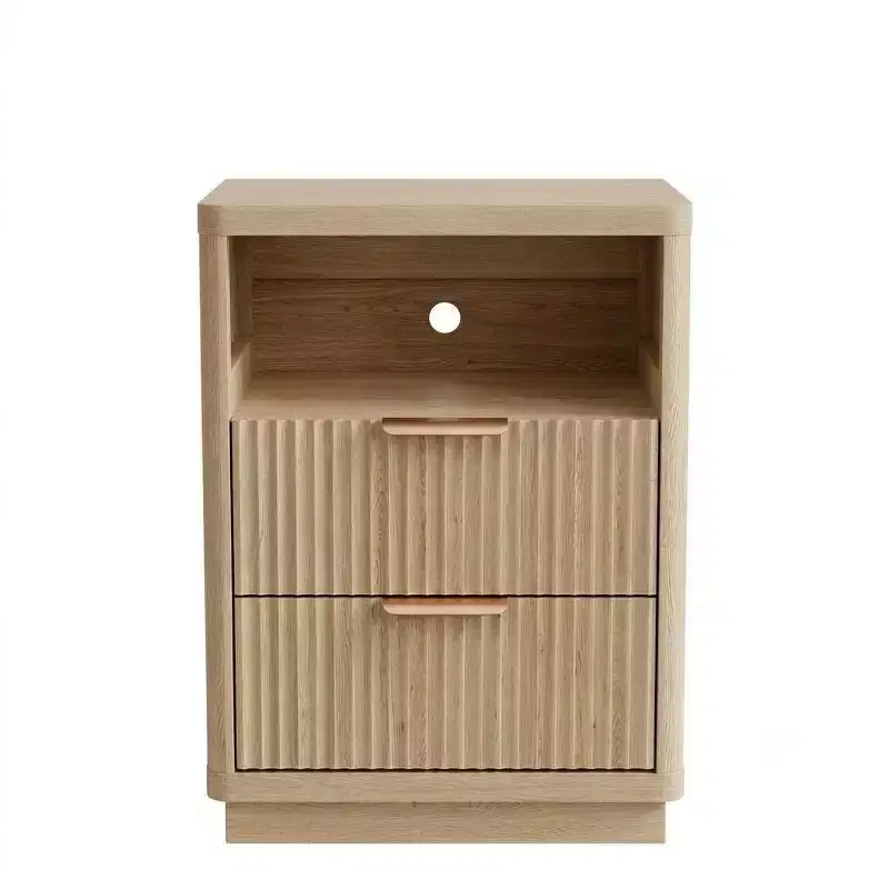 Fluted Nightstand with 2 Drawers, Mid Century Modern Bedside Table with Curved Edges, Wooden End Table for Bedroom Living Room, Natural Wood Color