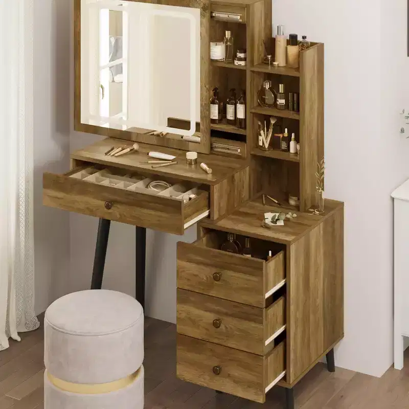 Vanity Desk with Lighted Mirror - 3-Color Dimmable Hollywood Makeup Table with 4 Drawers - White