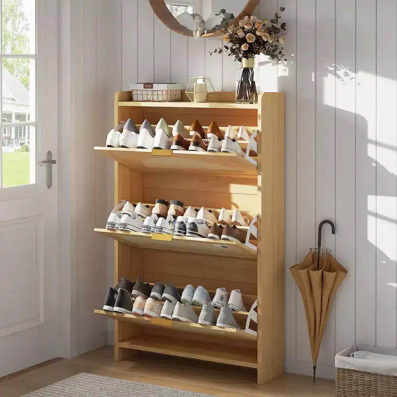 Rattan 3-Flip Drawer Shoe Storage Cabinet  Free Standing Narrow Shoe Organizer with Rattan Doors  Wooden Shoe Rack for Entryway, Hallway, Foyer