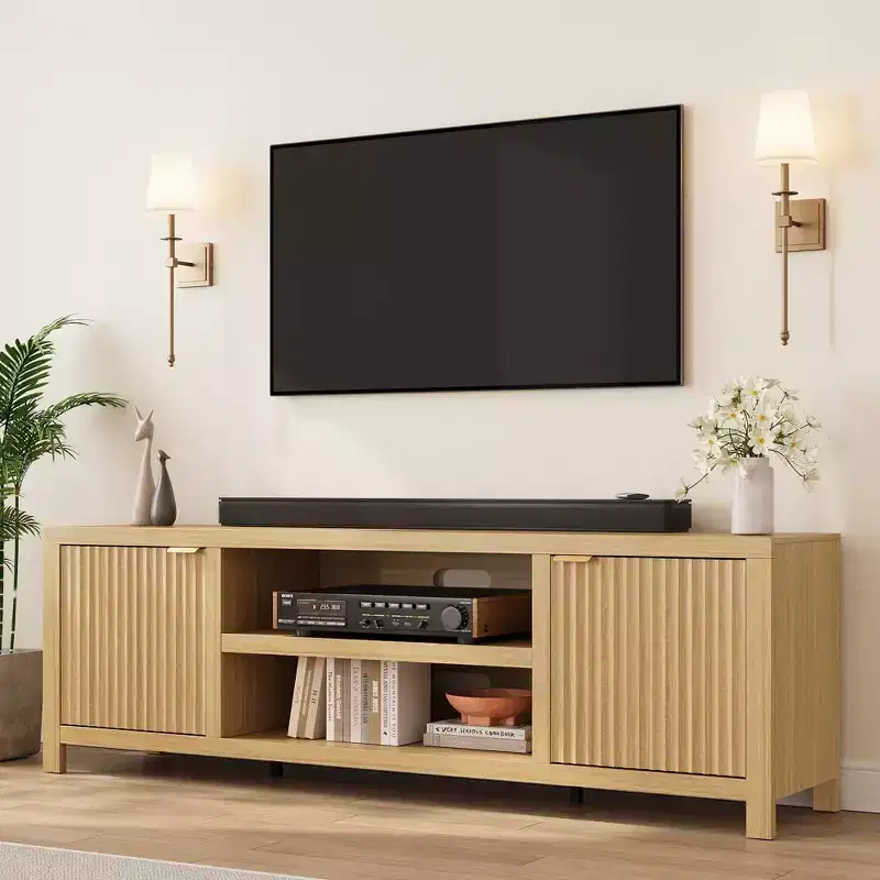 Fluted TV Stand for 80 in, Modern Entertainment Center with Storage, Wooden Media Console Cabinet with Fluted Door and Gold Handle, Natural Oak