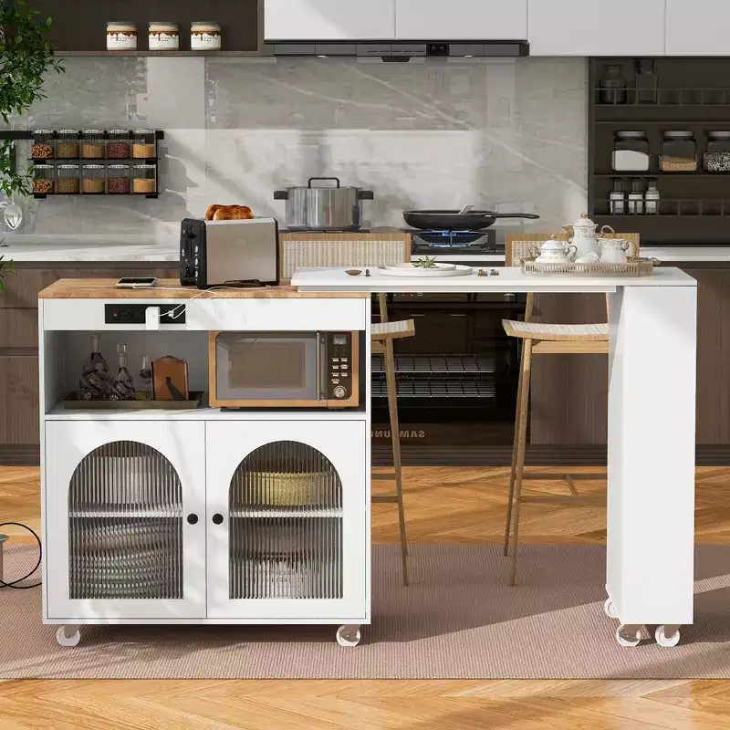 JVNOXK-Extendable Desktop Rolling Kitchen Island with LED Lighting, Power Outlets, and Double-Door Frosted Glass Panels, White